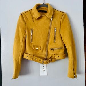 Zara Mustard Faux Suede Asymmetrical Zip Cropped Moto Jacket